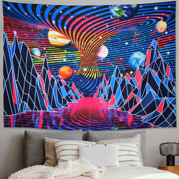 Blacklight Tapestry UV-reaktivt Tapestry Trippy Mountain and Planet Psykedelisk Tapestry Neon Tapestry Vægophæng til soveværelse