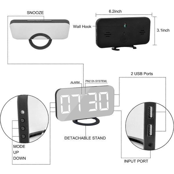 Digitalt vækkeur, 6,5 tommer storskærms LED-spejlvækkeur med dæmpningstilstand, justerbar lysstyrke, 2 USB-opladningsporte, sort