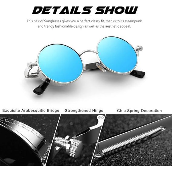 Sølv stel Blå linse-polariserede runde herre solbriller til kvinder inspireret af retro Steampunk stil i metallisk cirkel