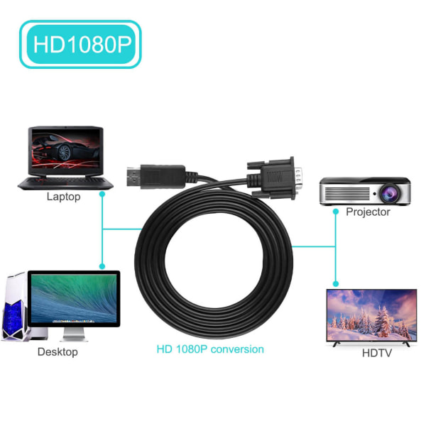 1080P HD DisplayPort til VGA-kabeladapter til bærbar pc (1,8 m)