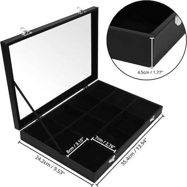 Smyckeskrin - Smyckesförvaring med 12 fack (35,2 x 24 x 4,7 cm) Ringdisplay med sammetsfoder