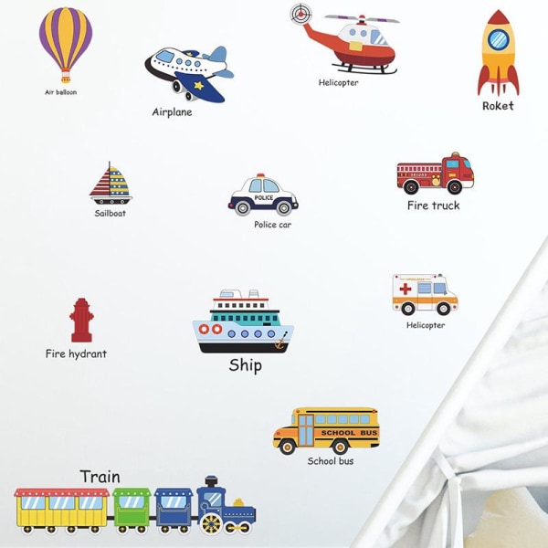 Tarrat lastenhuoneen seinäkoristeluun (auto, lentokone, kuljetus)