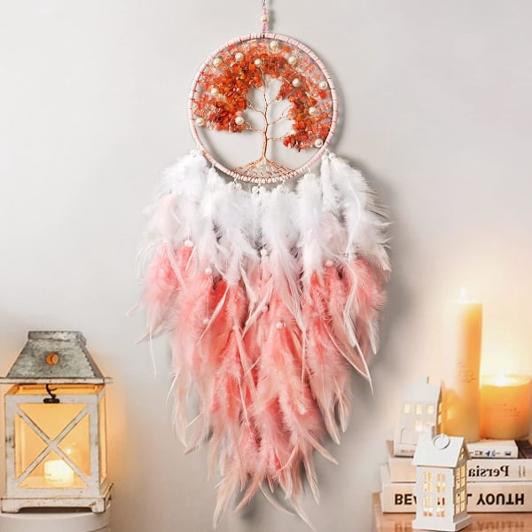 Käsintehty Bohemian Crystal Tree of Life Dreamcatcher Feather Dreamcatcher -sisustus makuuhuoneeseen, häihin (vaaleanpunainen)