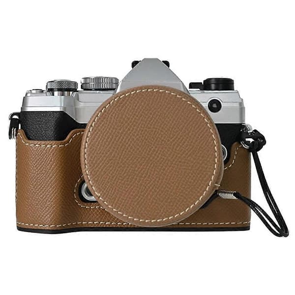 For Olympus OM-5 Camera Case Half-Wrapped Leather Bottom with Lens Cap - Khaki