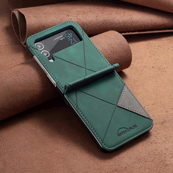 Geometric Pattern Case Compatible With Samsung Galaxy Z Flip 4, Hard PC Frame + Shockproof PU Leather Cover