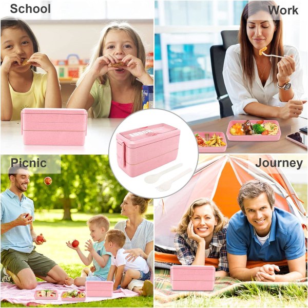3-lags lunsjboks (rosa), 4 i 1 Bento-boks med gaffel og skje, 1000 ml oppbevaringsboks, egnet for menn, kvinner og studenter, Tåler oppvaskmaskin og mikrobølgeovn