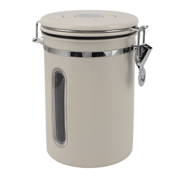 Kaffebehållare 1800ml 304 Rostfritt Stål Fönsterdesign Envägsventil med Sked Lufttät Kaffebehållare för Kaffebönor Beige