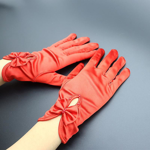 Naisten lyhyet hanskat, joissa on punaisia ​​ja valkoisia sekoitettuja helmiä, musta väri ja D-rusetti