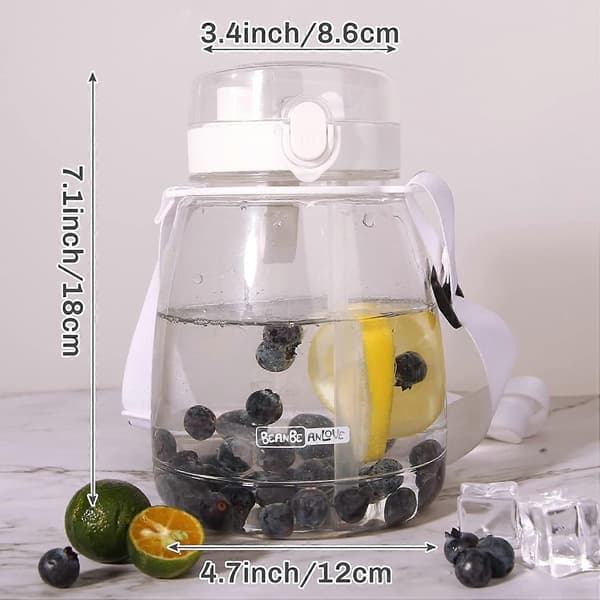 Cute water bottles with straw, 1300ml plastic water bottles with shoulder strap, suitable for adults, white