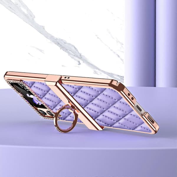 Plated Rhinestone Case Compatible with Samsung Galaxy Z Flip 4, PU Leather Case with Hinge Protection & Ring Holder