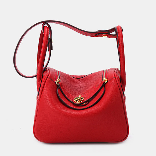 Lindy Mini Cowhide Skuldertaske Rød 19cm Chic Pendler Essentials Small Chinese red gold button 19cm