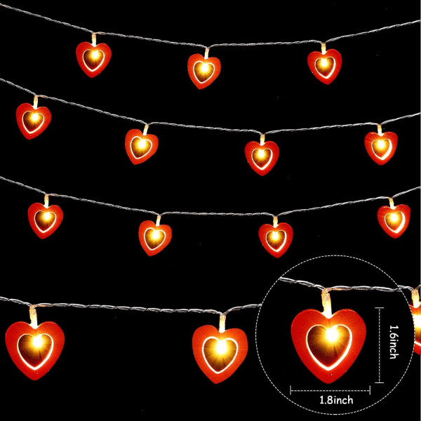 Valentinsdag trehjerte LED-strenglys - 40 røde lys