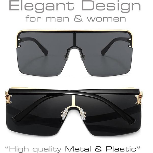En pakke med 2 stilfulde solbriller (sortgrå med guldramme + jordgul med guldramme) til mænd og kvinder med overdimensionerede firkantede UV400-briller