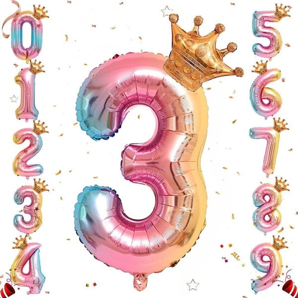 Numeroheliumfolioilmapallo, 32 tuuman sateenkaarinumeroilmapallot kruunulla syntymäpäivään, syntymäpäiväjuhlakoristeita (nro 3)