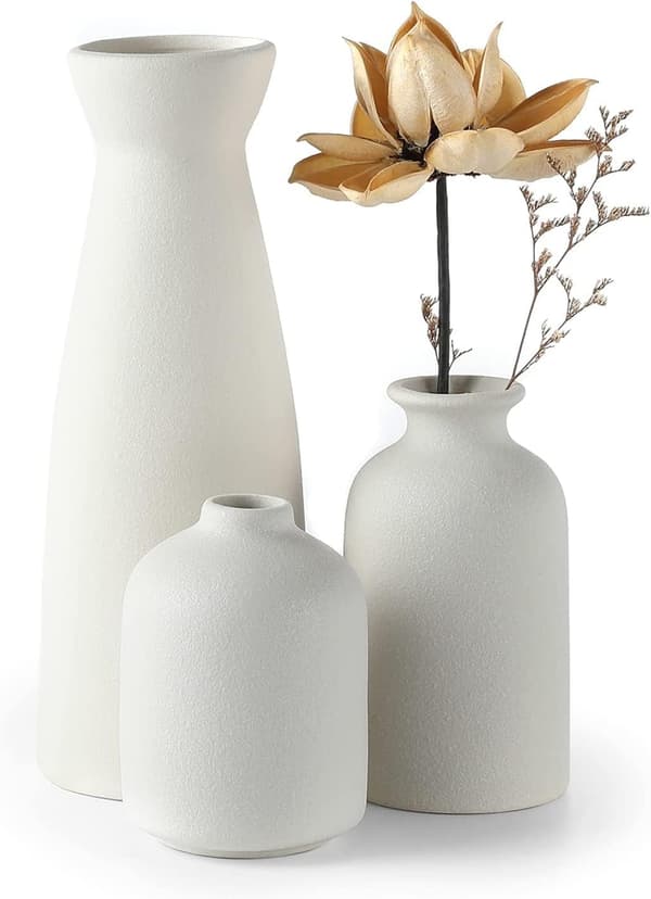 Hvid Keramisk Vase Sæt-3 Små Blomstervaser til Indretning, Moderne Boho Bondegårdsindretning