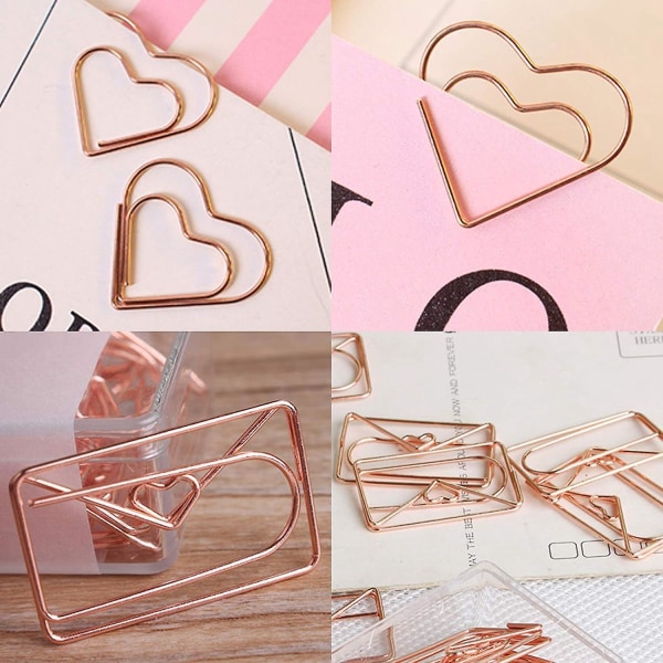 Hjerteformede papirklips i rosa gull for dekorative invitasjoner og postkort - pakke med 30 stk