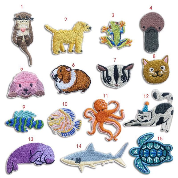 20 söpöä eläinkuvioista kirjailtua merkkiä vaatteiden, reppujen, farkkujen ja hattujen ompelemiseen ja koristeluun