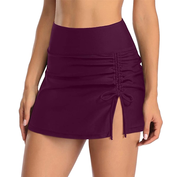 Sporty High Waisted Split Swim Skirt with Built-in Briefs L Wine