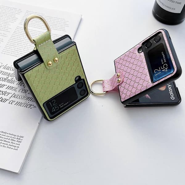 Fish Scale Pattern Case Compatible with Samsung Galaxy Z Flip 4, Shockproof PU Leather Cover with Ring