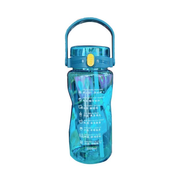 Vattenflaska för utomhussporter Plast Fitness vattenflaska Vattenkokare med extra stor kapacitet med dubbla sugrör Time MarkerBlue 2000ML