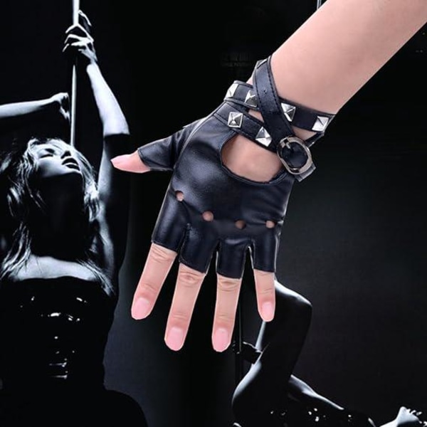 Punkhandsker i PU-læder (sort) til kvinder med halvfinger ydeevne med nitterrem eller spænde