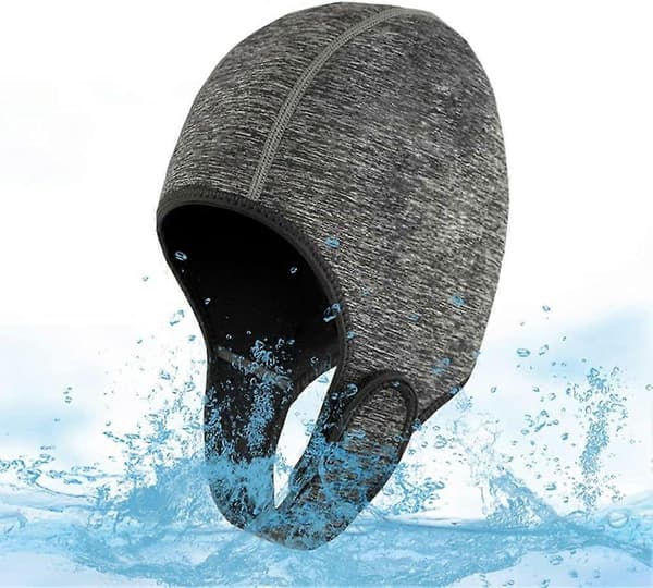 Badehette med hakestropp for menn og kvinner, termisk badehette for kvinner, varm badehette, dykkerhette, grå