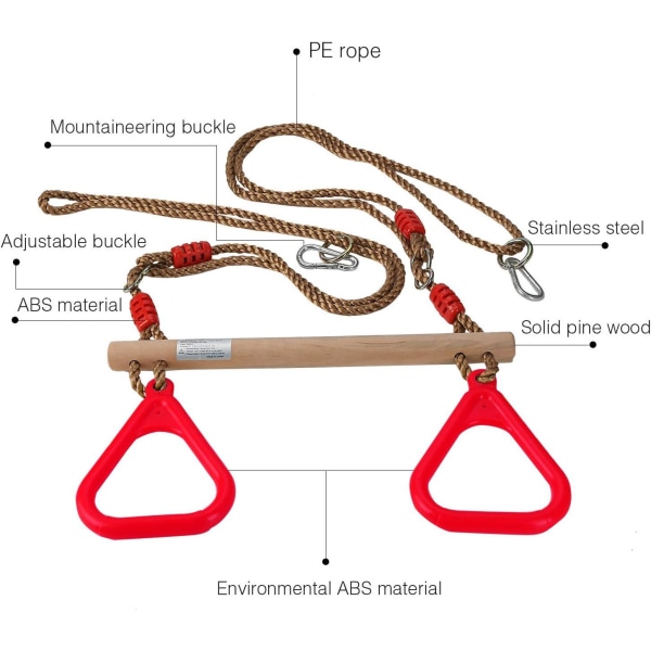 Tretrapes, ringer og gymnastikkstang for barn, rød, 200 cm, Materiale: Plast (PP, PE)