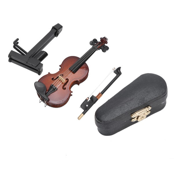 Mini violin model - udsøgt dekorativt musikinstrument med stativ og etui