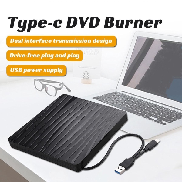 USB 3.0/Type C ekstern CD/DVD-stasjon, svart