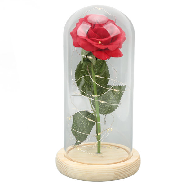 Ros i Glaskupa Lyckobringande Vacker Symbolism Romantisk Förtryllande Ros Romantiska Presenter med LED-Ljus för Alla Hjärtans Dag Grönt Blad Safflor