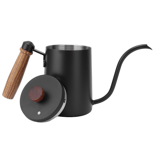 600ML Kaffeekanne Holz 304 Edelstahl Kaffeekanne Handtropf Kaffeemaschine Kaffeekanne mit Holzgriff Schwarz