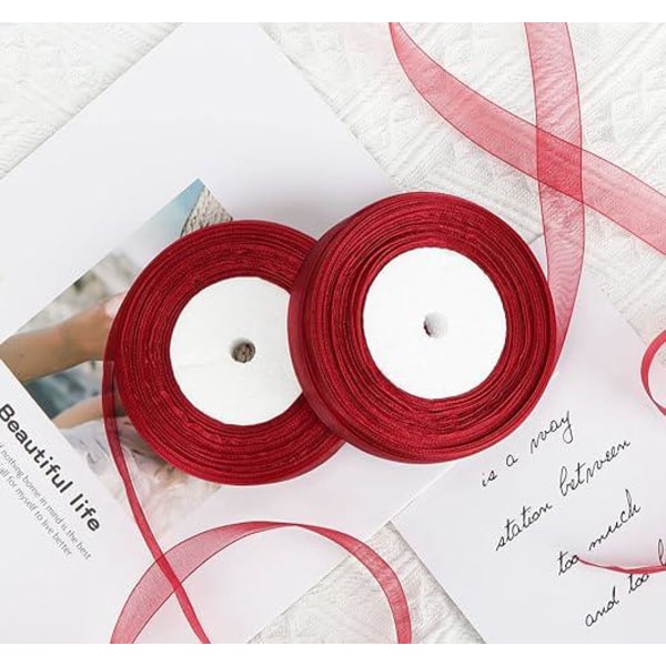 2 rullar organzaband (rött band), skirt chiffongband, vardera 20 mm x 45 m, används för gör-det-själv, presentförpackningsband, födelsedagsfestbandsdekoration