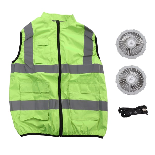 Kjølig vest sommer kjølevifte vest air condition refleks stripe oppladbar arbeidsklær 5V fluorescerende grønn XL