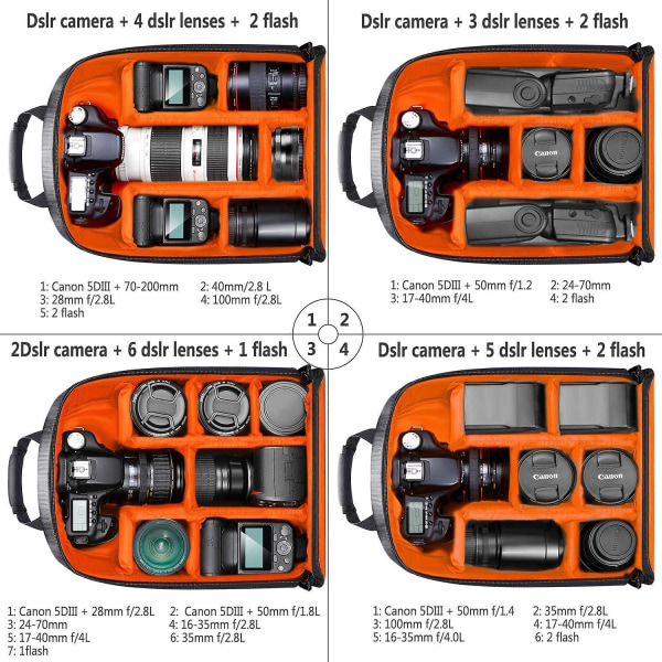 Vandtæt stødsikker kamerarygsæk med skillevæg til SLR, DSLR, spejlløst kamera, objektiv, blitz og batteri - Orange interiør