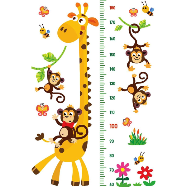 Fotoväggmålning på barnhöjd - Peel and Stick Föräldraväggklistermärke i barnkammare och lekrum för barn - Giraffe Monkey + Animal Balloon