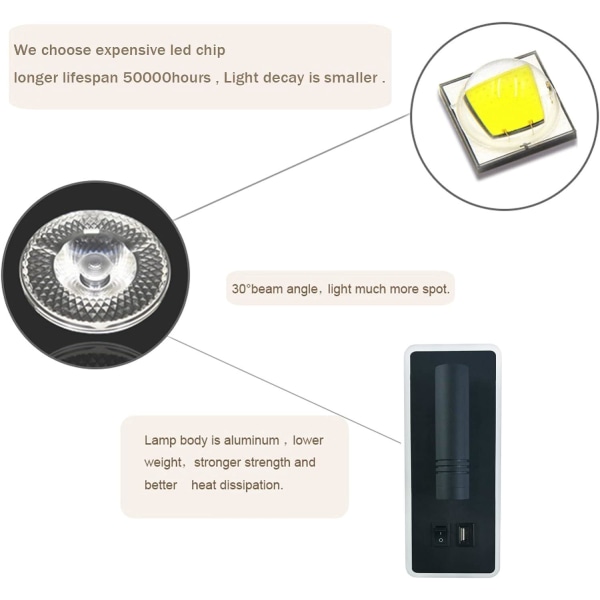 9W LED-seinävalaisin, yöpöydän lukulamppu USB latausportilla, (6W 3000K lämmin valkoinen) + (3W 6500K valkoinen) musta suorakulmio