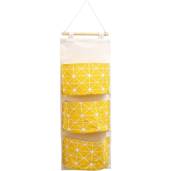 Suloinen 3-taskuinen pyykkipussi (keltainen), joka taittuu seinäoven taakse pienten tavaroiden säilyttämiseksi sisäänkäynnillä Lelut Korut Avaimet