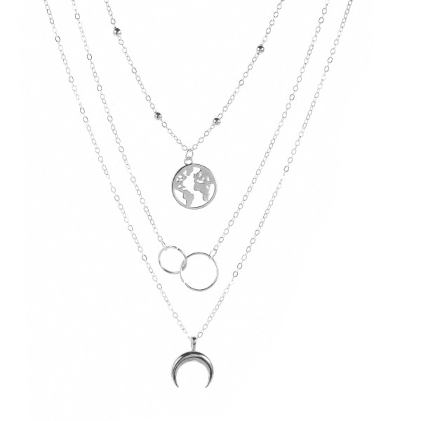Flerlags halskjeder kart og dobbel halvmåne sirkel anheng Halskjede Kjede smykker for kvinner og jenter (sølv)