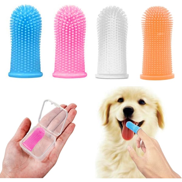 Hundetandbørste, fingertandbørstesæt (4 pakke), fuldt indpakkede børster, lette at rengøre tænder, tandpleje til hvalpe, katte og små kæledyr
