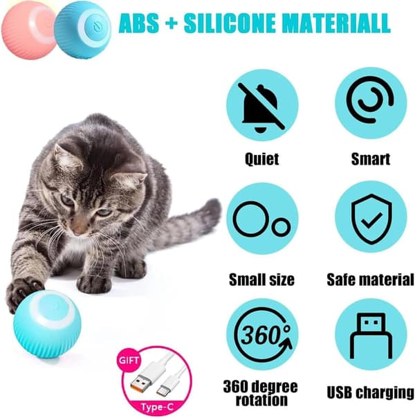 2 Pcs Cat Toy Automatic Rolling Ball, Automatic Moving Rolling Ball for Indoor Cats with USB Charging (Pink & Blue)