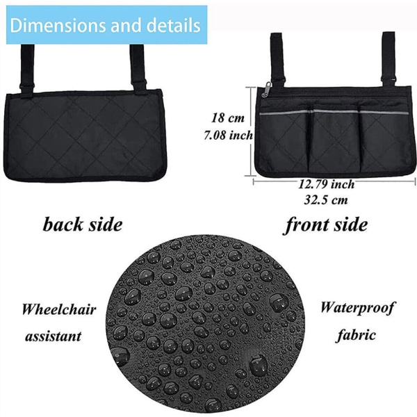 Ulkokäyttöön tarkoitettu pyörätuolin sivulaukun säilytyslaukku käsinojan tasku säilytysteline (musta)
