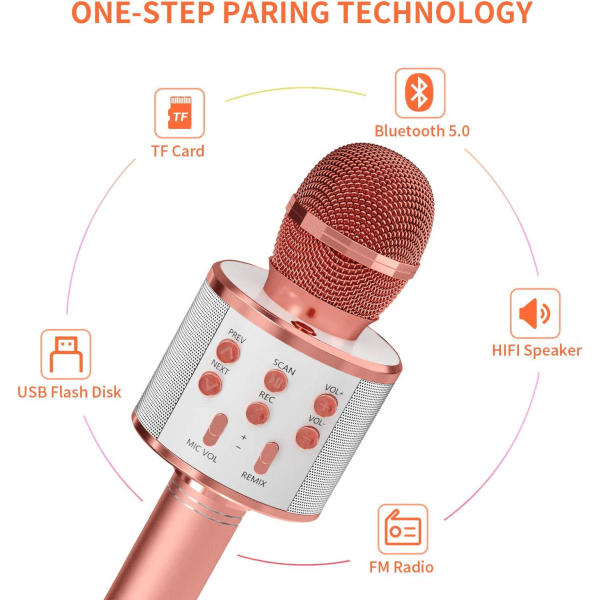 Mikrofon til børn, trådløs Bluetooth karaokemikrofon til voksne, bærbar karaokemaskine, fødselsdagsfest for drenge og piger (roseguld)