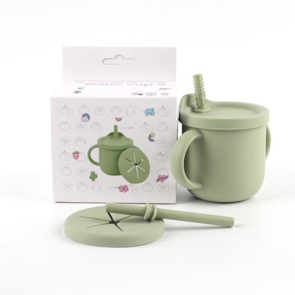 (Grøn) 2 i 1 silikone baby binaural kop, dråbe- og højtemperaturbestandig silikone børne træningshalm vandkop
