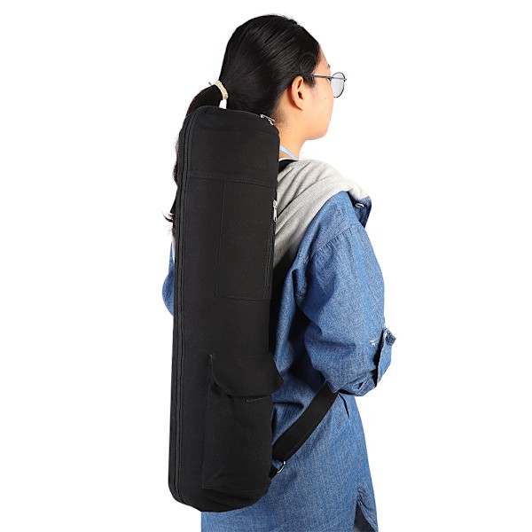 Multifunktionel sort canvas yogamåtte opbevaringstaske Bæretrygsæk med justerbar rem