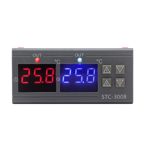 STC-3008 dobbelt display dobbelt kontrol temperaturregulator dobbelt sensor NTC sonde relæ udgang 24V