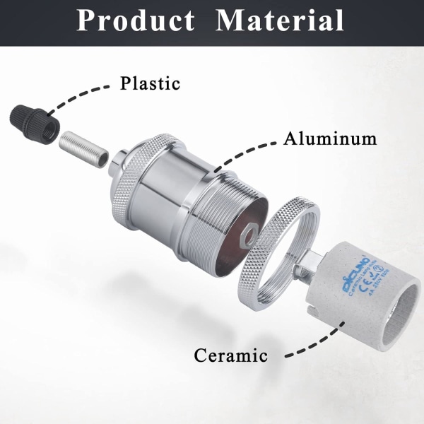 4 delar krom färgsockel（inga glödlampor）- Vintage E27 lamphållare, Edison retro pendellampa, solid keramisk adapter
