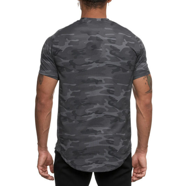 Sports T-shirt til mænd, hudvenlig, hurtigtørrende, åndbar, komfortabel, rund hals, til løb, yoga, sort camouflage, L
