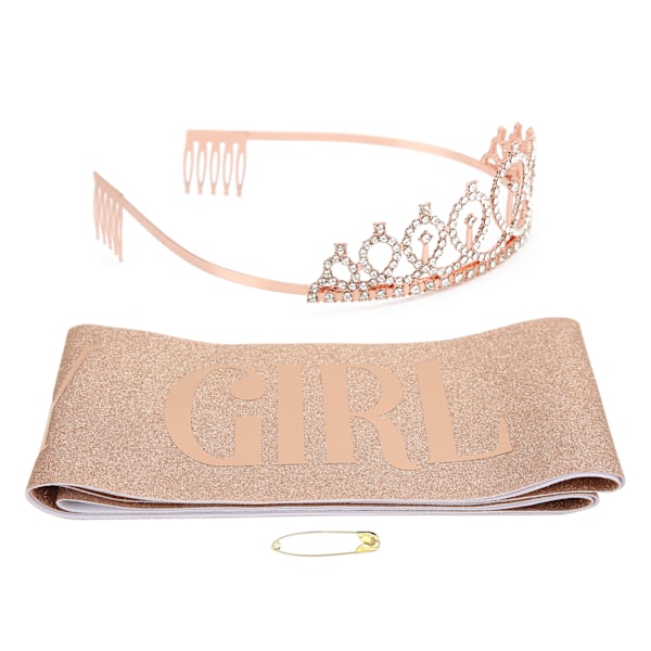 Födelsedagstiara Flicka Roséguld Kristall Födelsedagskrona Tiara och Bältesdekoration Gåva till Fest