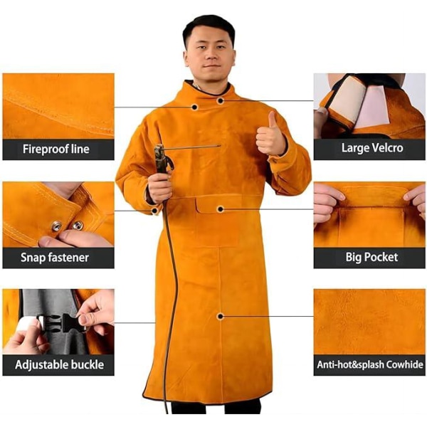 (XL-105cm) Unisex kuskinnsveiseforkle - gult med ermer og krage, beskyttelsesforkle for verkstedarbeid, gnist- og varmebestandig