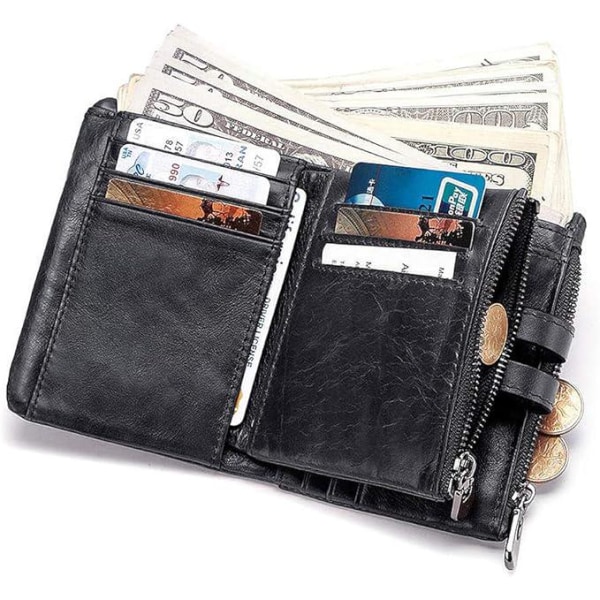 Herre lommebok RFID blokkert skinnlommebok (svart) med myntlomme med glidelås Kredittkortholder Anti-tyveri lommebok